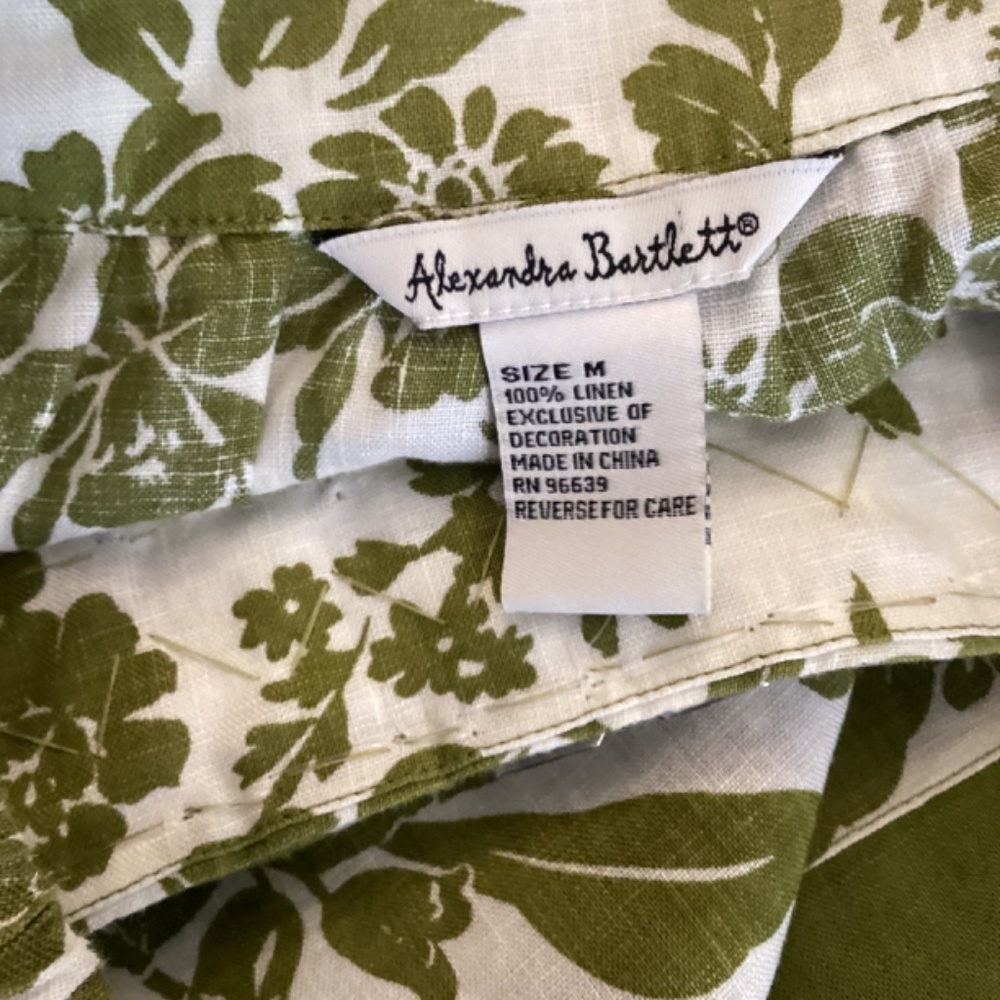 Alexandra Bartlett 100% Linen‎ White & Olive Green Dress Size Medium Puff Short - Picture 8 of 8